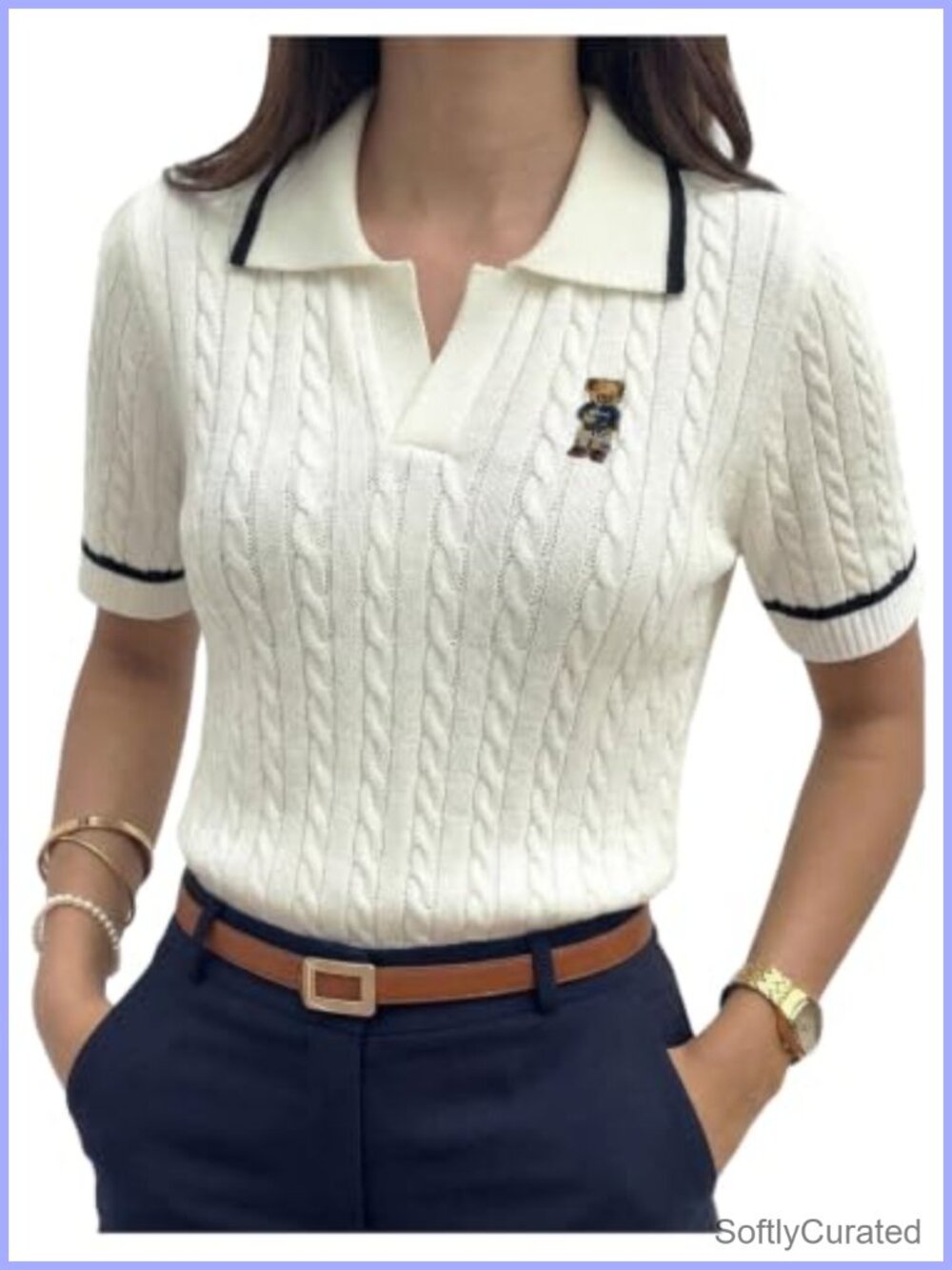 Collared Cable Knit Short Sleeve Sweater